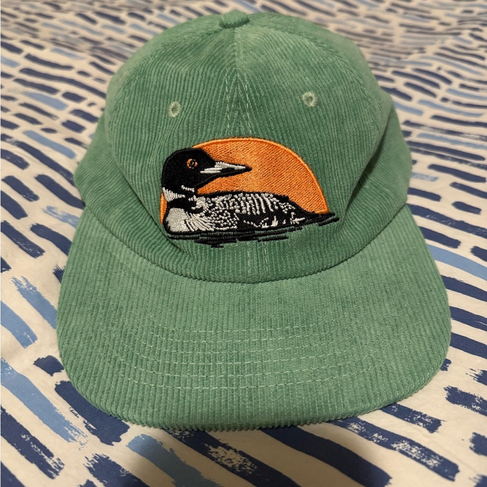 Green Corduroy flat brim hat with Loon Embroidery